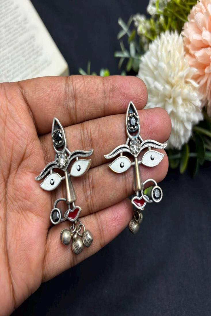 Oxidized Tribal Face Earrings, Boho Statement Earrings, Durga Goddess Face Dangle Earrings, Silver Ethnic Jewelry