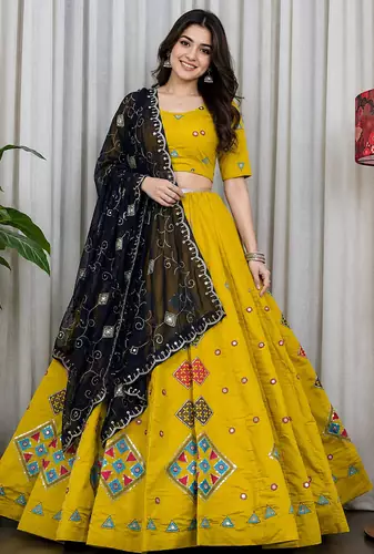 Yellow Embroidery sequin Roman silk blend Lahenga Choli Set 