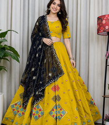 Yellow Embroidery sequin Roman silk blend Lahenga Choli Set 