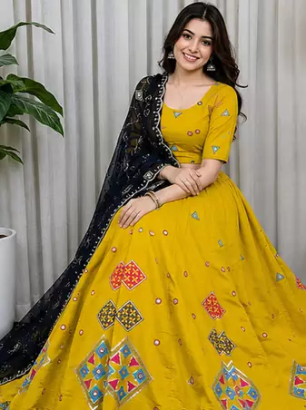 Yellow Embroidery sequin Roman silk blend Lahenga Choli Set 