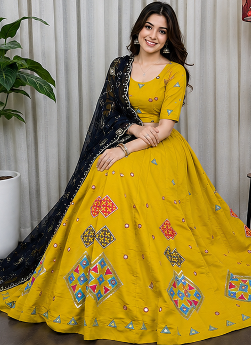 Yellow Embroidery sequin Roman silk blend Lahenga Choli Set 