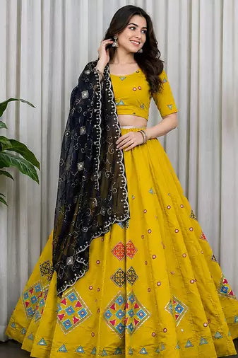 Yellow Embroidery sequin Roman silk blend Lahenga Choli Set 