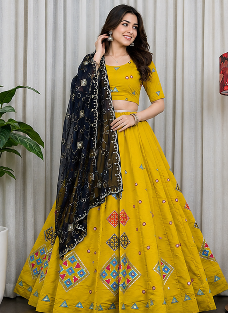 Yellow Embroidery sequin Roman silk blend Lahenga Choli Set 