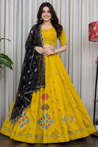 Yellow Embroidery sequin Roman silk blend Lahenga Choli Set 