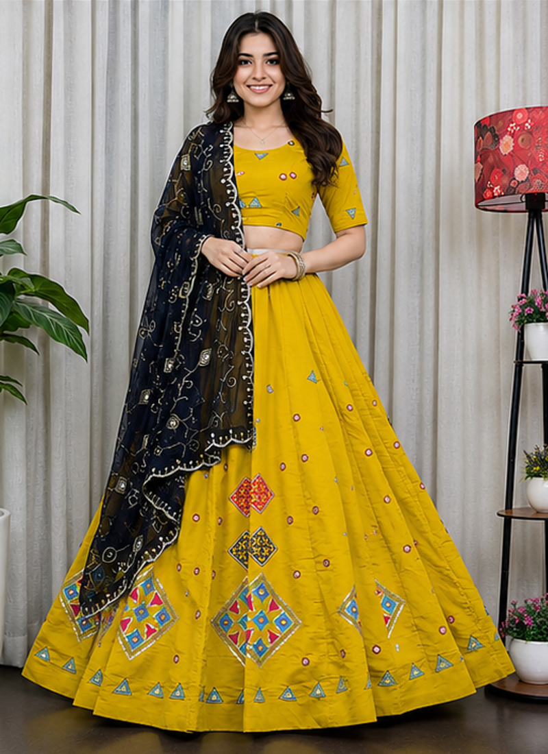 Yellow Embroidery sequin Roman silk blend Lahenga Choli Set 