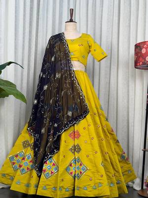 Yellow Embroidery sequin Roman silk blend Lahenga Choli Set  5