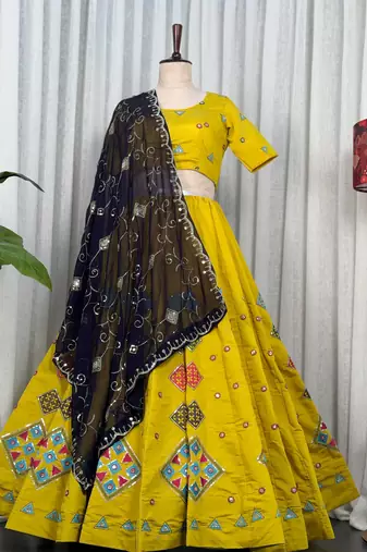 Yellow Embroidery sequin Roman silk blend Lahenga Choli Set 