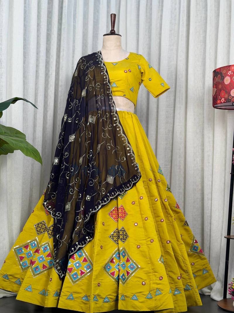 Yellow Embroidery sequin Roman silk blend Lahenga Choli Set 