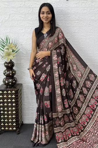 dark brown color mirror work border with handcrafted red tassels (latkan) and ajarakh print gajji silk blend saree