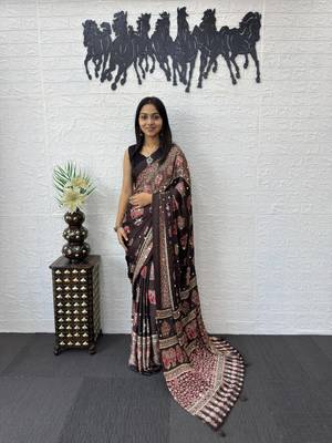 dark brown color mirror work border with handcrafted red tassels (latkan) and ajarakh print gajji silk blend saree 3