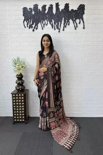 dark brown color mirror work border with handcrafted red tassels (latkan) and ajarakh print gajji silk blend saree