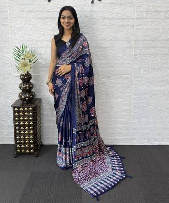 neavy blue color mirror work border with handcrafted red tassels (latkan) and ajarakh print gajji silk blend saree 2