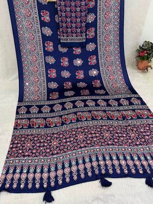 neavy blue color mirror work border with handcrafted red tassels (latkan) and ajarakh print gajji silk blend saree 5