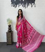 rani pink color mirror work border with handcrafted red tassels (latkan) and ajarakh print gajji silk blend saree