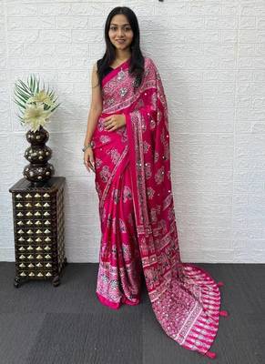rani pink color mirror work border with handcrafted red tassels (latkan) and ajarakh print gajji silk blend saree 3