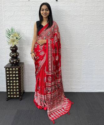 red color mirror work border with handcrafted red tassels (latkan) and ajarakh print gajji silk blend saree 1