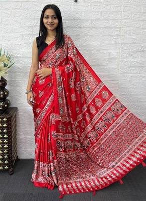 red color mirror work border with handcrafted red tassels (latkan) and ajarakh print gajji silk blend saree 2