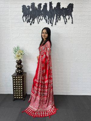red color mirror work border with handcrafted red tassels (latkan) and ajarakh print gajji silk blend saree 3