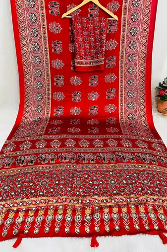 red color mirror work border with handcrafted red tassels (latkan) and ajarakh print gajji silk blend saree