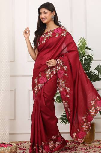 maroon color multi color thread work on border with cutwork silk blend saree