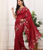 maroon color multi color thread work on border with cutwork silk blend saree