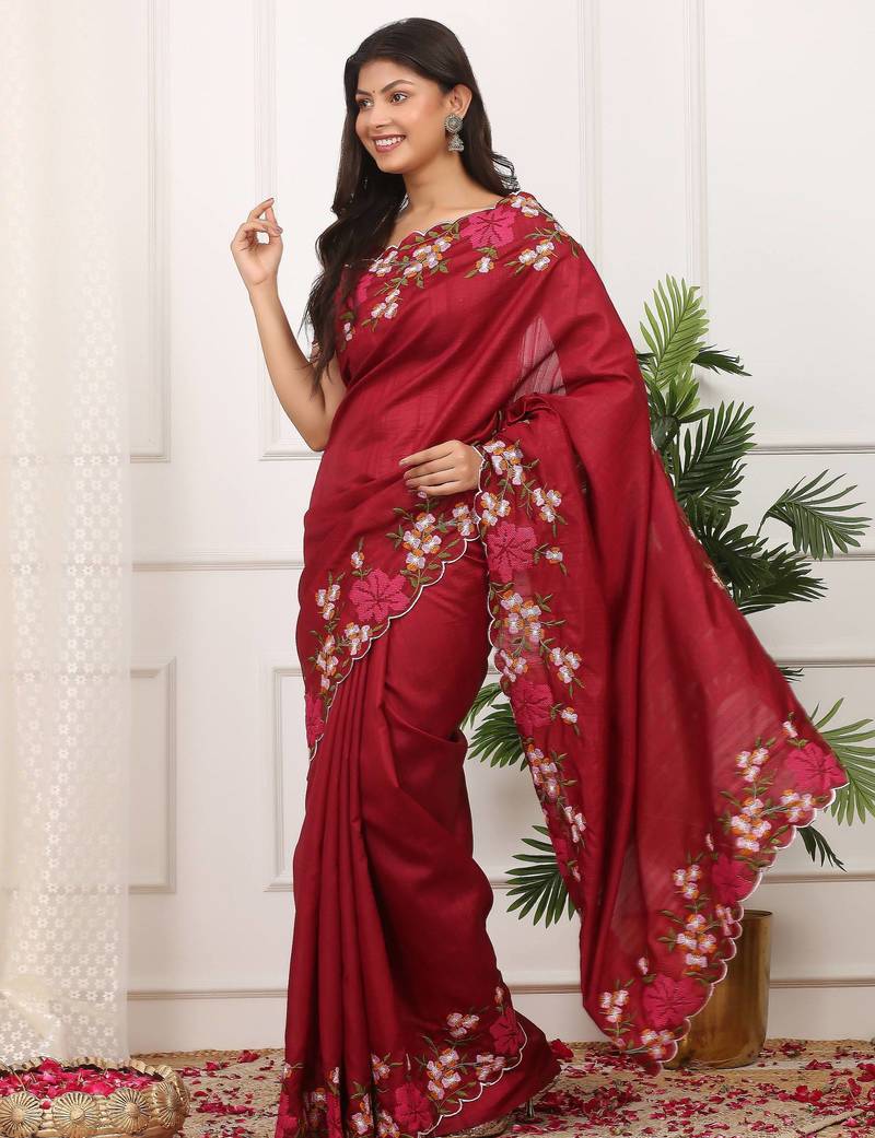 maroon color multi color thread work on border with cutwork silk blend saree