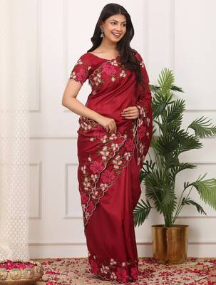 maroon color multi color thread work on border with cutwork silk blend saree 2