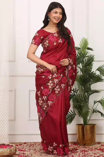 maroon color multi color thread work on border with cutwork silk blend saree