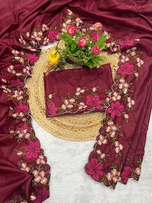 maroon color multi color thread work on border with cutwork silk blend saree 3