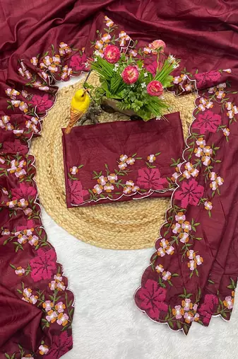 maroon color multi color thread work on border with cutwork silk blend saree