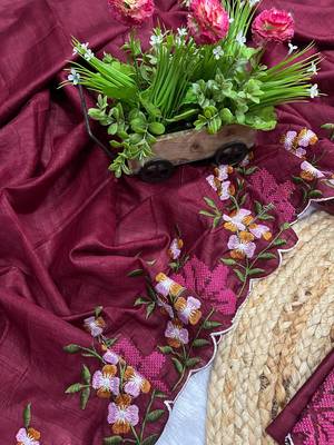 maroon color multi color thread work on border with cutwork silk blend saree 4