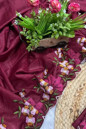 maroon color multi color thread work on border with cutwork silk blend saree