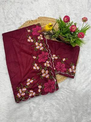 maroon color multi color thread work on border with cutwork silk blend saree 5