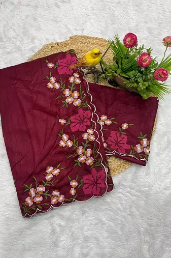maroon color multi color thread work on border with cutwork silk blend saree