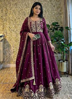 wine color designer embroidery work vichitra silk blend gown set 1