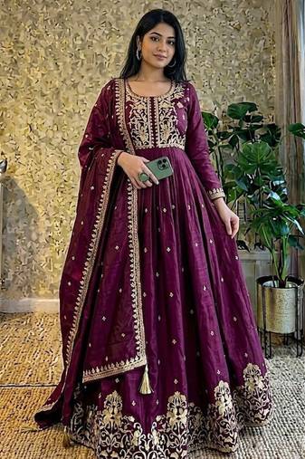 wine color designer embroidery work vichitra silk blend gown set