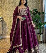 wine color designer embroidery work vichitra silk blend gown set