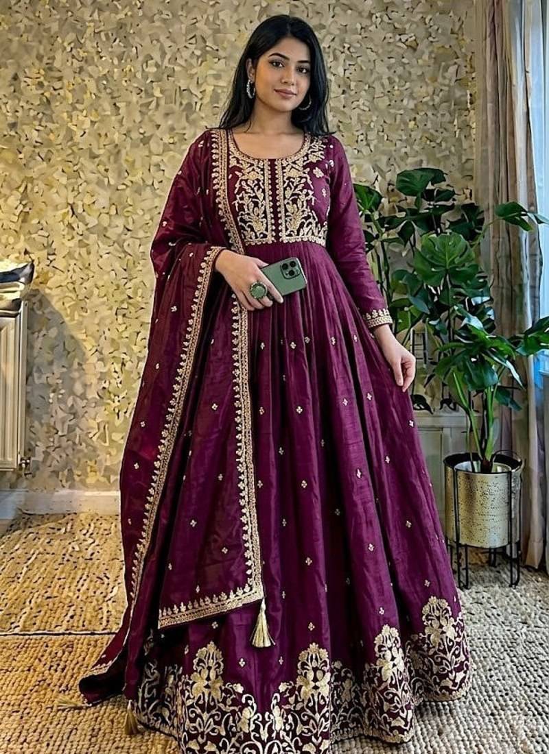 wine color designer embroidery work vichitra silk blend gown set
