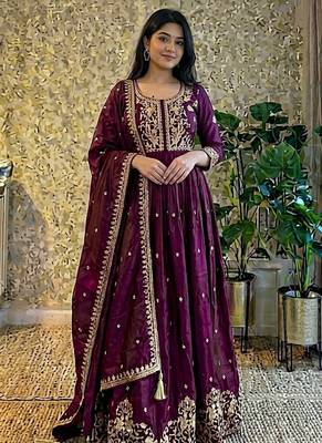 wine color designer embroidery work vichitra silk blend gown set 2