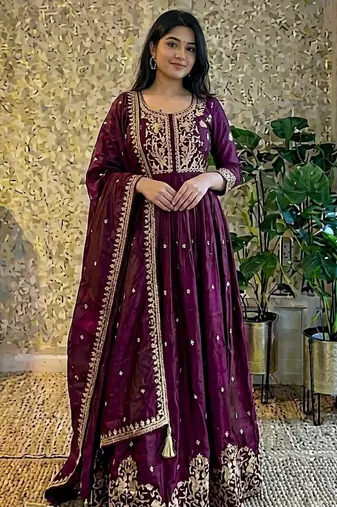 wine color designer embroidery work vichitra silk blend gown set
