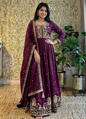 wine color designer embroidery work vichitra silk blend gown set 3