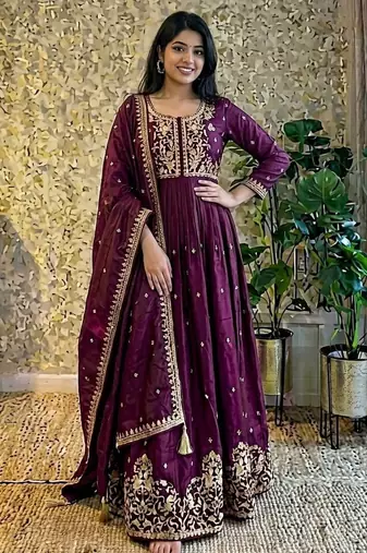 wine color designer embroidery work vichitra silk blend gown set