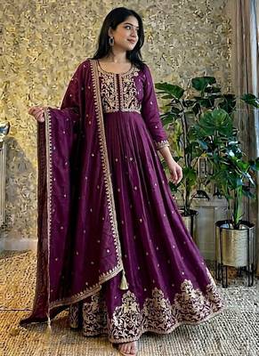 wine color designer embroidery work vichitra silk blend gown set 4