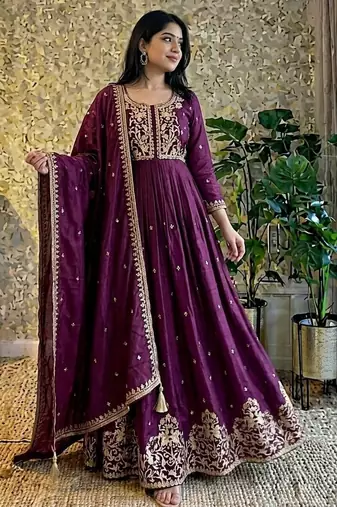 wine color designer embroidery work vichitra silk blend gown set