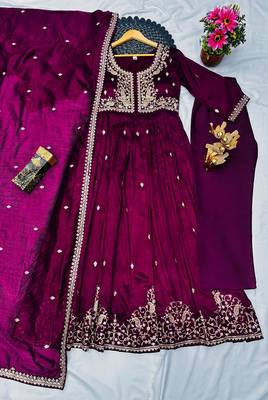 wine color designer embroidery work vichitra silk blend gown set 5