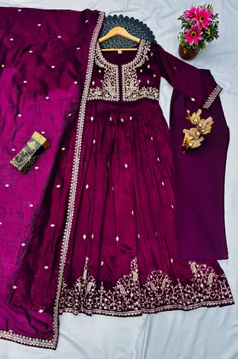 wine color designer embroidery work vichitra silk blend gown set