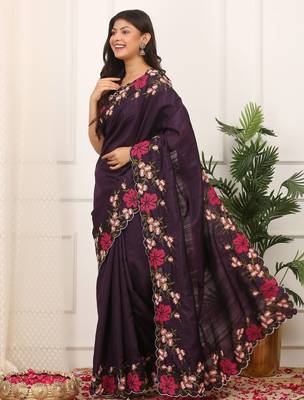 purple color multi color thread work on border with cutwork silk blend saree 1