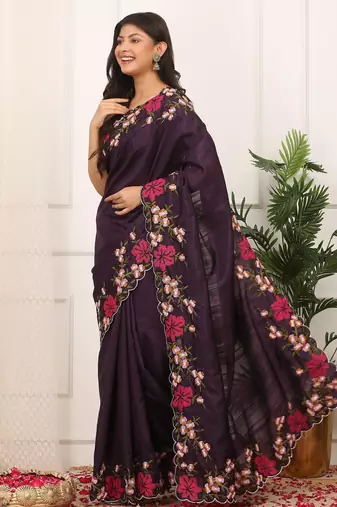 purple color multi color thread work on border with cutwork silk blend saree