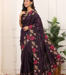purple color multi color thread work on border with cutwork silk blend saree