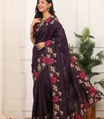 purple color multi color thread work on border with cutwork silk blend saree